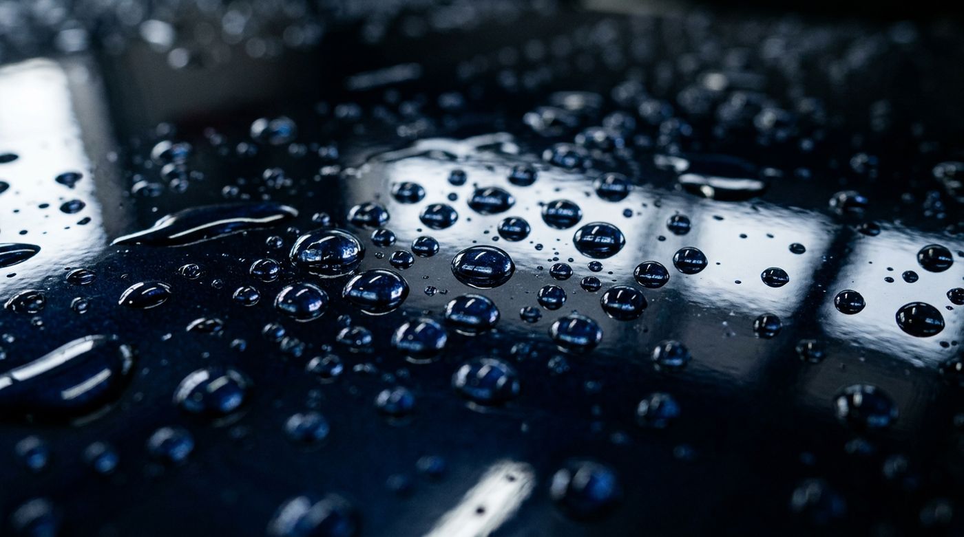 Close view of water beading and running off a clean navy painted surface