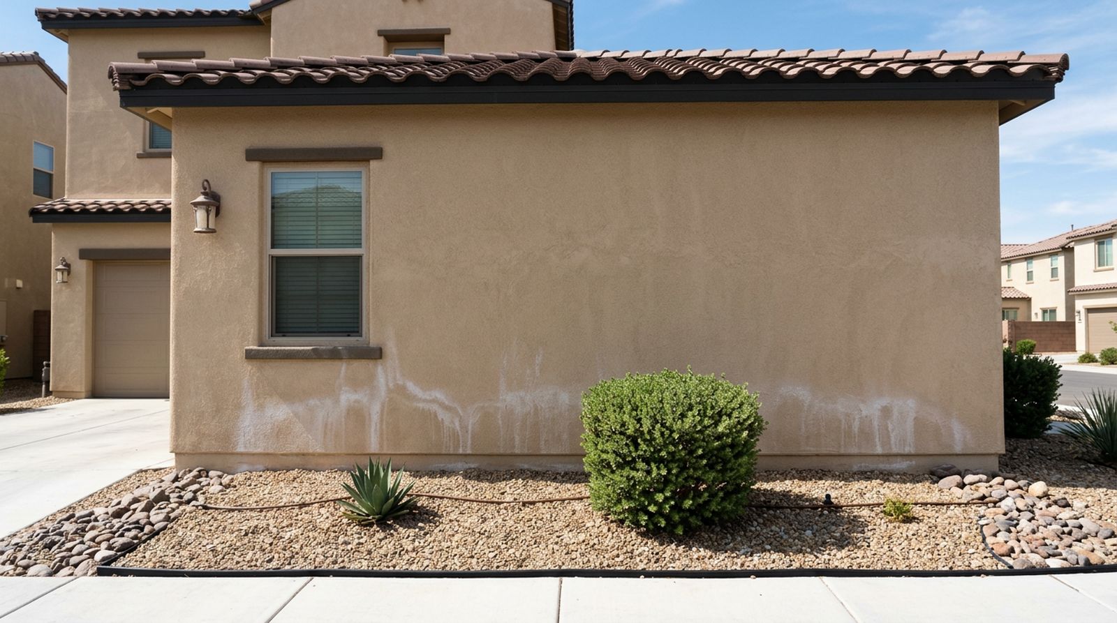 Side wall of a Las Vegas tract home in bright daylight showing chalky white hard-water and sprinkler-overspray staining across the lower section of sand-coloured stucco